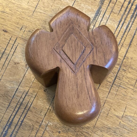 Vintage Wooden Cross shaped Puzzle Trinket Box Lidded Handmade Carved Wood - Picture 2 of 11